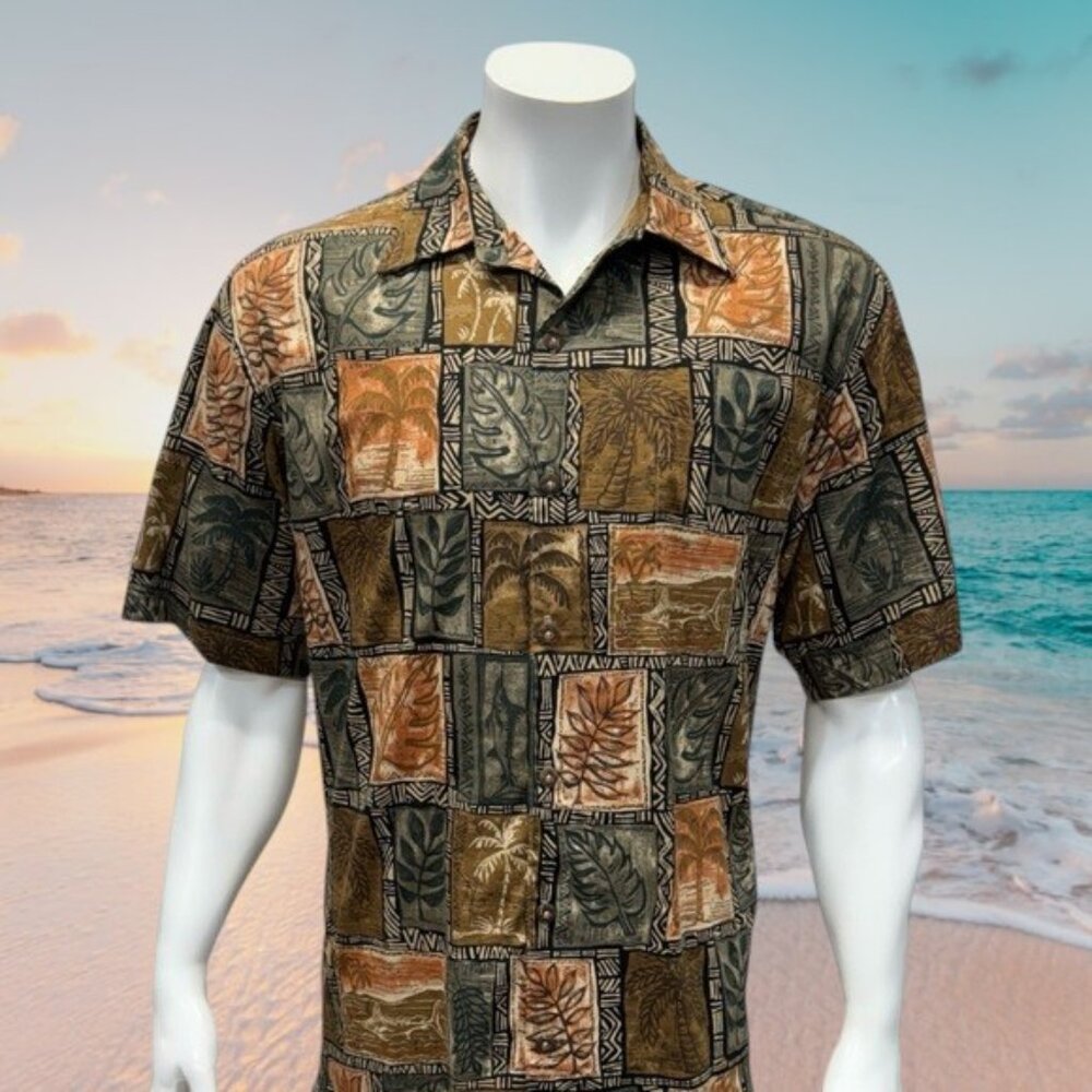 AFTCO Bluewater Brown Black Floral Hawaiian Camp Short Sleeve Shirt Size Medium